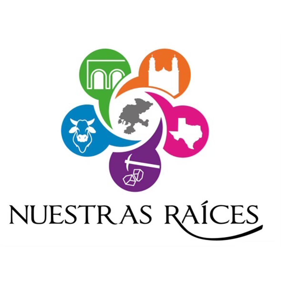 Nuestras Raices logo featuring different icons in different colored palettes.