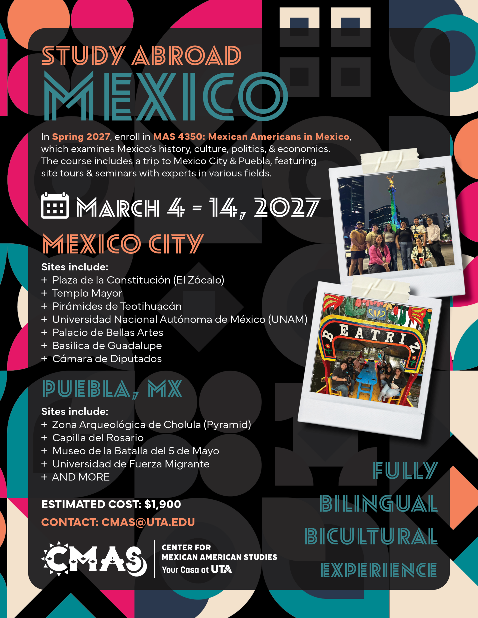Promotional flyer for the CMAS Study Abroad course for the upcoming Spring 2027 semester